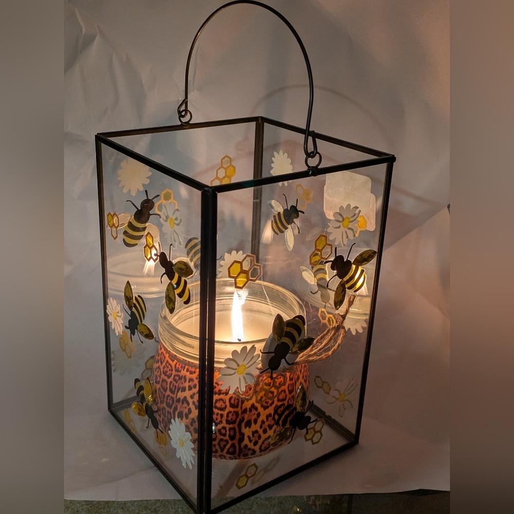 Hand Painted 3D Bees Vase Lantern Stones Square Metal Glass Black  Candle Holder
